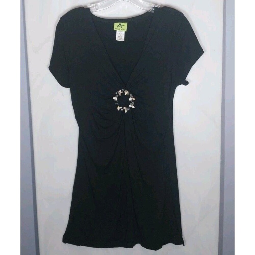 Beach Star Black Tunic Top Beaded Seashell Ring Ruched Side Slits Stretch S